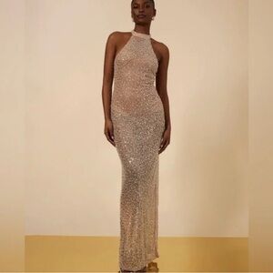 BCBGMaxAzria Sparkling Gold Halter Gown Jules Beaded Semi sheer Cafe au lait